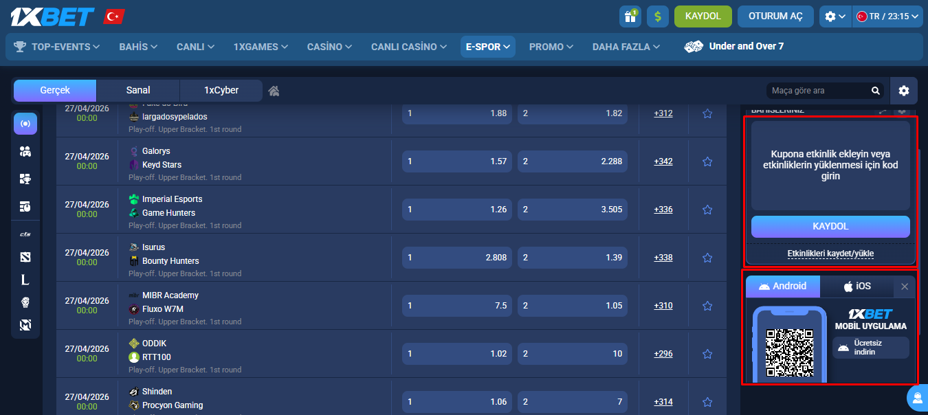 1xBet mobil uygulamasında Papara ile para yatırma ve espor bahis kuponu hazırlama adımları. 