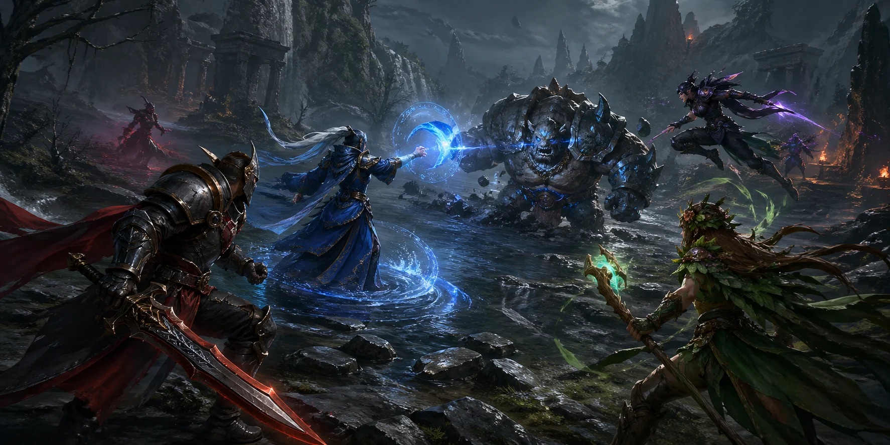 Dota 2 tarzı kahramanların yıkık savaş alanında dev bir yaratığa karşı savaştığı sahne 
