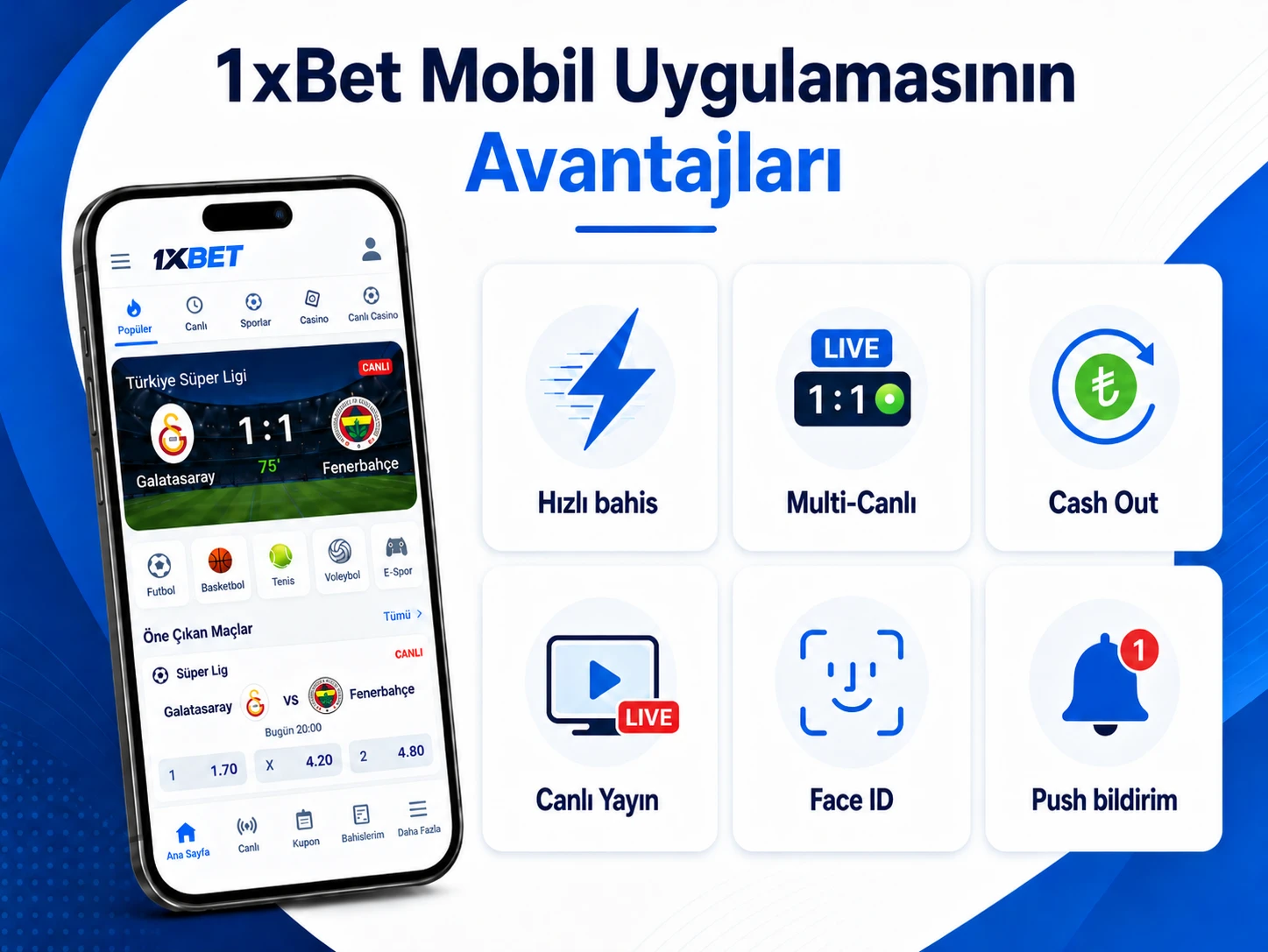 1xBet mobil uygulama özellikleri