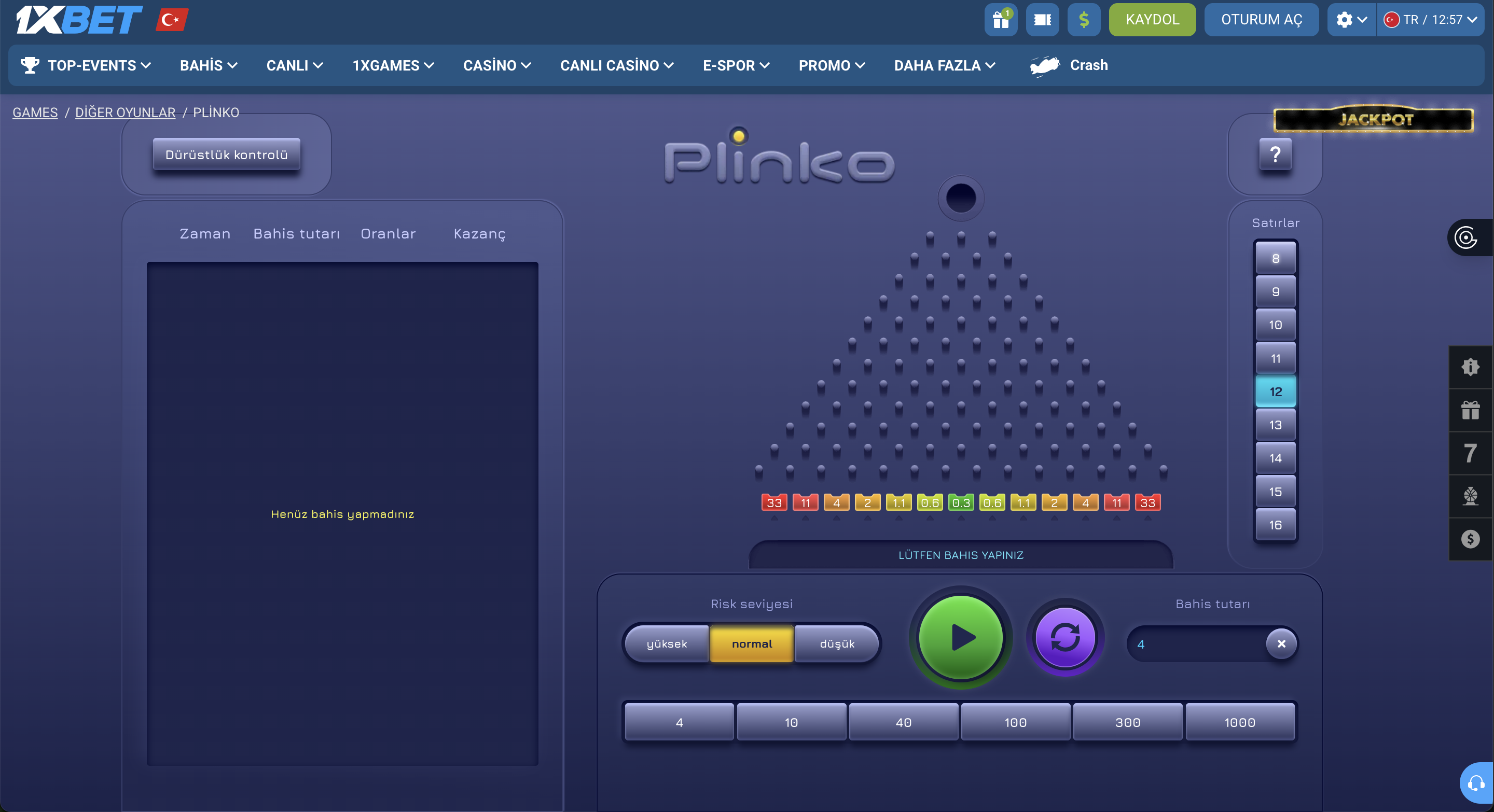1xBet Plinko oyunu ekranı — top düşürme ve çarpan seçimi